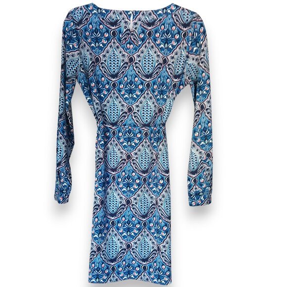 Ann Taylor LOFT Blue Pink Baroque Geometric Print Tie Waist Shift Dress X‎ Small - Picture 4 of 8